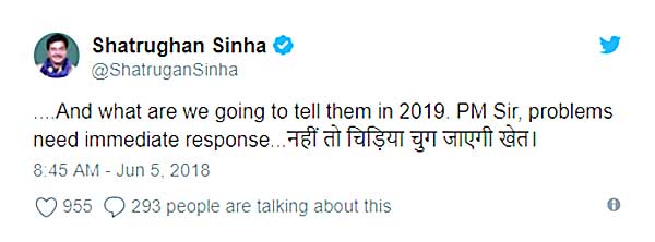 शत्रुघ्न सिन्हा की पीएम मोदी को चेतावनी-जल्दी समस्याएं हल करिए वरना चिड़िया चुग जाएगी खेत